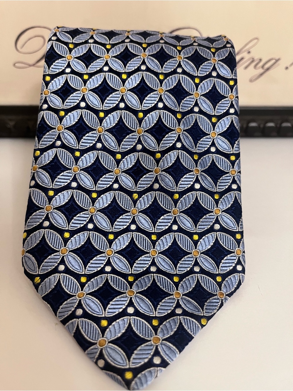 Robert Talbott Best of Class Navy Silk Tie with Light Blue and Gold Pattern